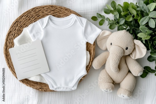 A white baby onesie with a knitted elephant toy in a woven basket, showcasing minimalist and natural baby essentials..