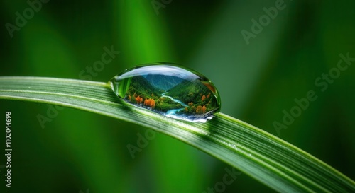 Serene landscape reflection in water drop on green grass