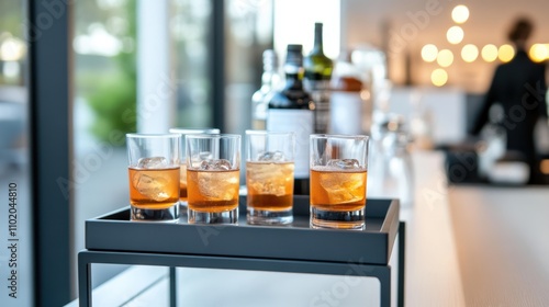 Four elegant whiskey glasses are beautifully arranged on a marble counter, reflecting a refined and sophisticated atmosphere with bottled spirits blurred behind.