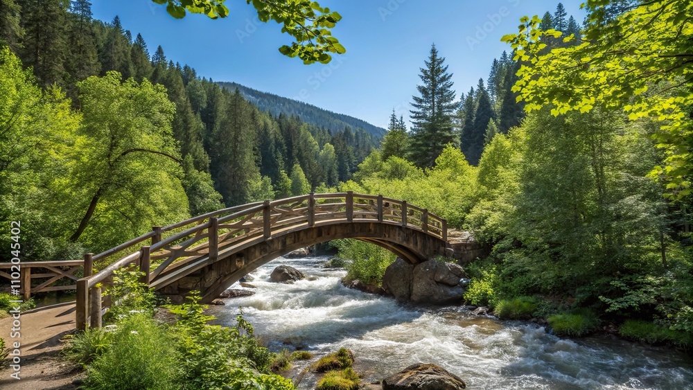 Wooden bridge arched over a babbling brook in the heart of a dense forest with vibrant greenery and a bright blue sky, idyllic setting, forest, serene environment, bridge Wooden bridge arched over a babbling brook in the heart of a dense forest with vibrant greenery and a bright blue sky, idyllic setting, forest, serene environment, bridge