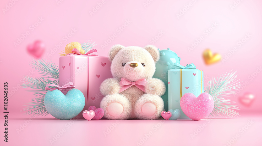 Obraz premium A sweet little bear peeks out from a greeting card, symbolizing love and warmth. This pastel-toned design features a cute teddy bear, perfect for Valentine's Day or expressing heartfelt emotions.