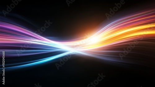 Dynamic wavy streaks of colorful light in motion, with vibrant hues of orange, pink, and blue on a black background..