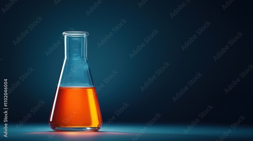 Laboratory flask with bright orange liquid on a dark background. Laboratory flask with bright orange liquid on a dark background.