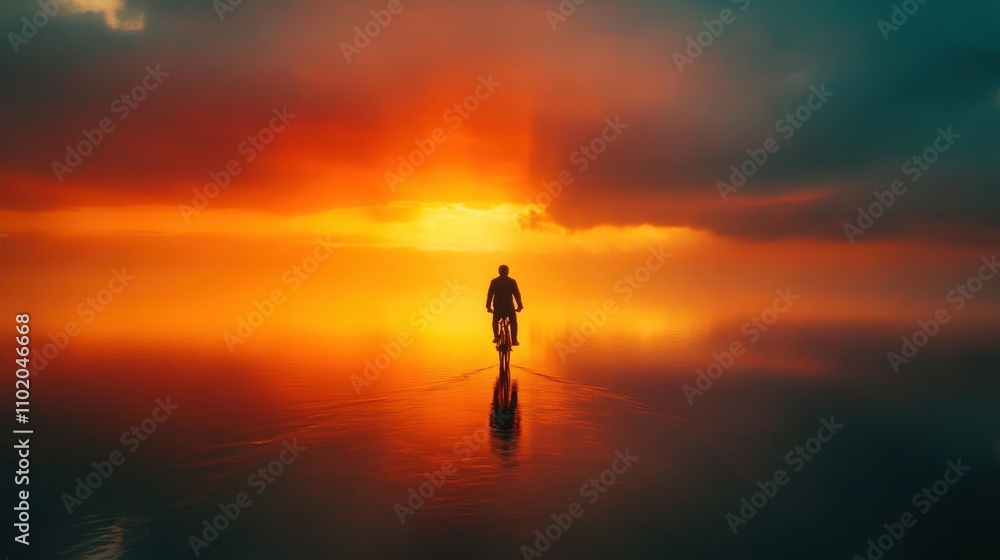 Tranquil image of a lone cyclist silhouetted against a vibrant sunset, riding on calm waters like a surreal dreamscape. Tranquil image of a lone cyclist silhouetted against a vibrant sunset, riding on calm waters like a surreal dreamscape.