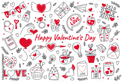 Valentines day doodles set. Hand drawn elements for Valentine's day, birthday, wedding. Outline icons on theme of love, romance, February 14. For banner, card, cover, poster, wallpaper, packaging
