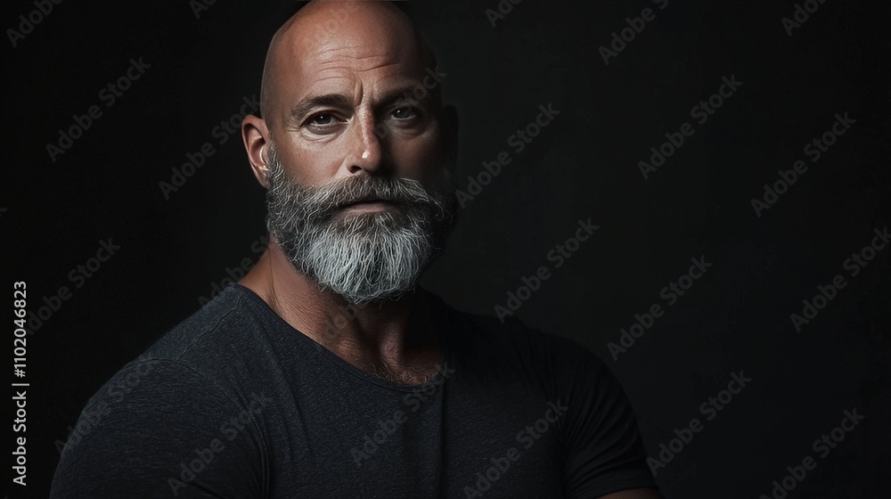 Confident Bald Man with Sculpted Beard Showcasing Masculine Strength in Dramatic Lighting Against a Dark Background Confident Bald Man with Sculpted Beard Showcasing Masculine Strength in Dramatic Lighting Against a Dark Background
