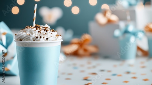 A blue cup filled with whipped cream and sprinkles on top, surrounded by blue and orange gift boxes with lights in background and confetti on table. photo