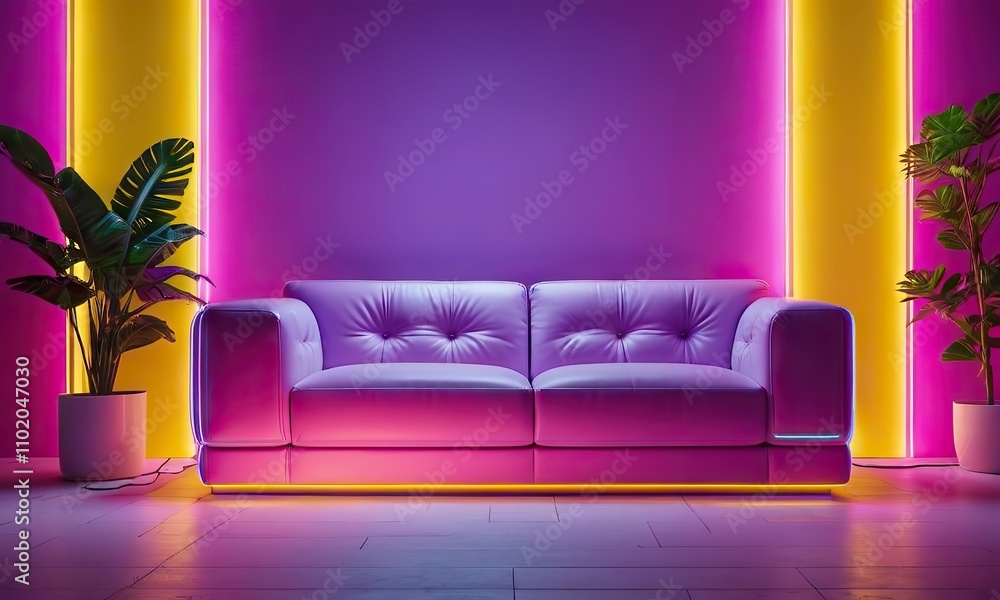 Vibrant neon-lit purple yellow room with purple sofa and indoor plants Vibrant neon-lit purple yellow room with purple sofa and indoor plants