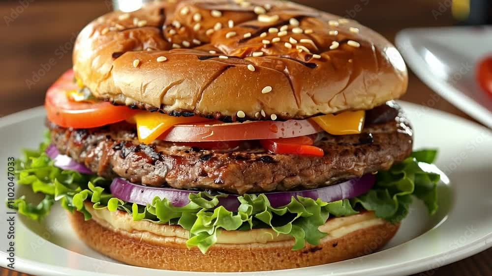 A delicious hamburger features a thick beef patty topped with melted cheese, fresh lettuce, tomatoes, and onions, all nestled in a toasted sesame seed bun, and served on a white plate. A delicious hamburger features a thick beef patty topped with melted cheese, fresh lettuce, tomatoes, and onions, all nestled in a toasted sesame seed bun, and served on a white plate.