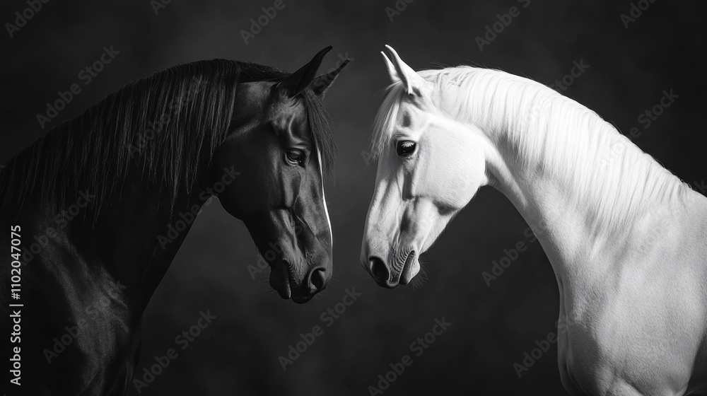 Obraz premium Two horses, one black and one white, share a serene moment of connection, emphasizing balance and harmony.