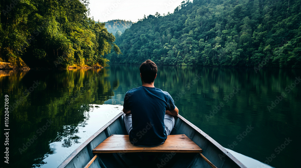 Man enjoying serenity on a boat while gazing at a calm lake surrounded by lush greenery Man enjoying serenity on a boat while gazing at a calm lake surrounded by lush greenery