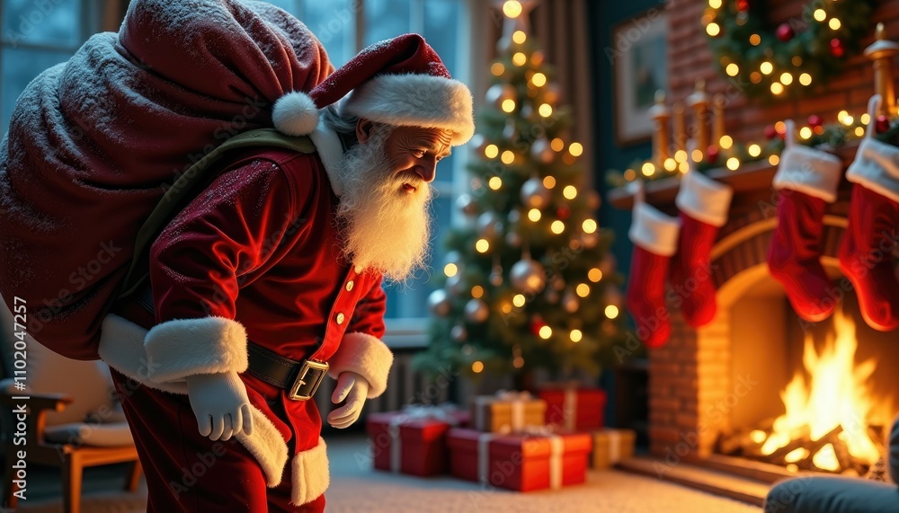 Santa claus carrying sack in cozy living room with christmas tree and fireplace Santa claus carrying sack in cozy living room with christmas tree and fireplace