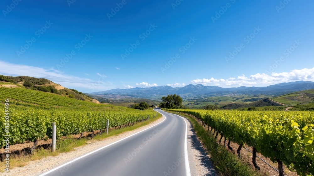 A smooth road meanders through vibrant vineyards under a bright blue sky, showcasing the lush greenery and serene beauty of the rural countryside. A smooth road meanders through vibrant vineyards under a bright blue sky, showcasing the lush greenery and serene beauty of the rural countryside.