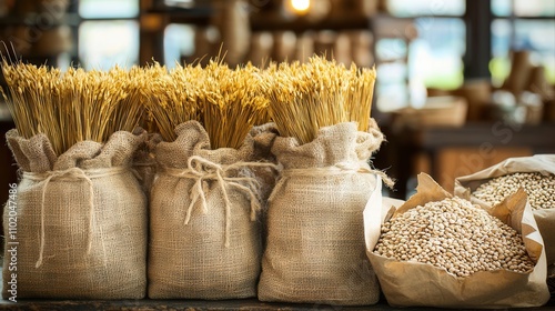 Sustainable Food Packaging Designs. Sacks of grains on a rustic table photo