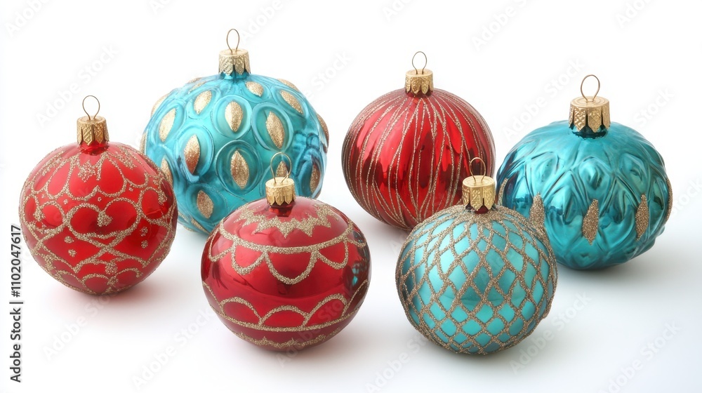 Vibrant Christmas ornaments in rich red, turquoise, and gold hues, displayed against a crisp white background, capturing holiday spirit. Vibrant Christmas ornaments in rich red, turquoise, and gold hues, displayed against a crisp white background, capturing holiday spirit.