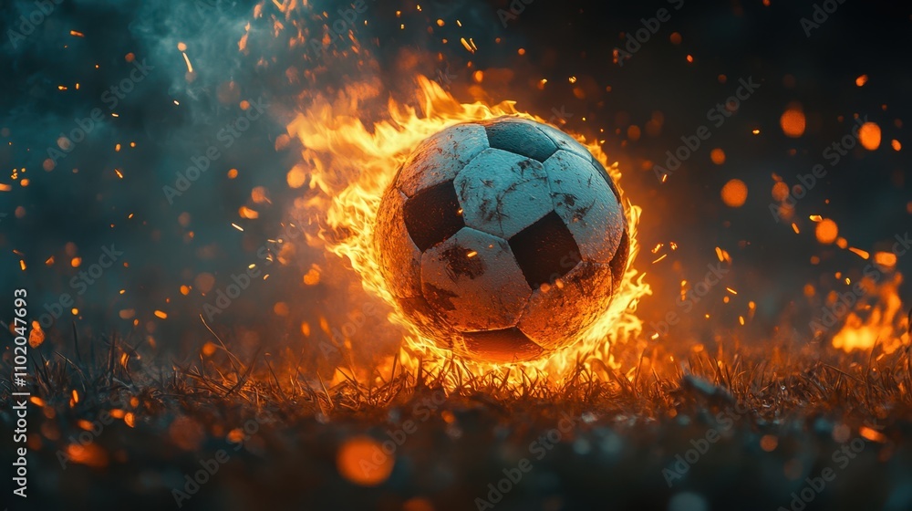 A dynamic image of a soccer ball engulfed in flames, set against a blurred background, Ideal for sports promotions, event posters, or energetic designs conveying excitement and passion, A dynamic image of a soccer ball engulfed in flames, set against a blurred background, Ideal for sports promotions, event posters, or energetic designs conveying excitement and passion,