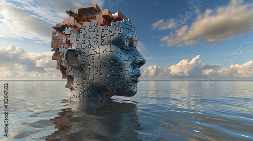 A realistic 3D rendering of a human face sculpted from puzzle pieces, emerging from a calm ocean under a partly cloudy sky. The conceptual image explores identity, connection, and the fragmented human