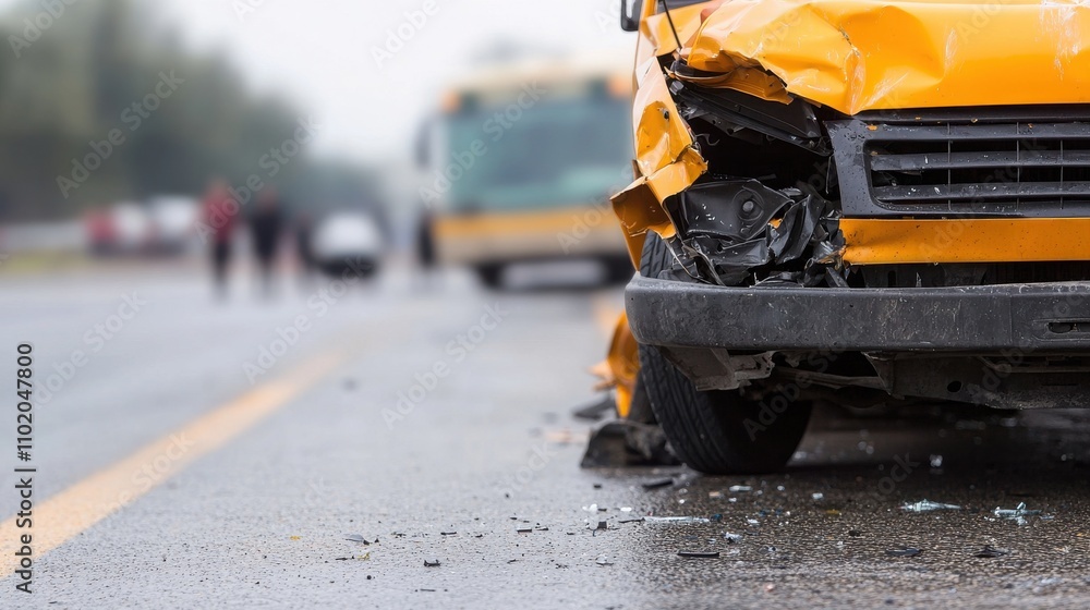 Close-up of school zone accident with vehicle damage in rain Close-up of school zone accident with vehicle damage in rain