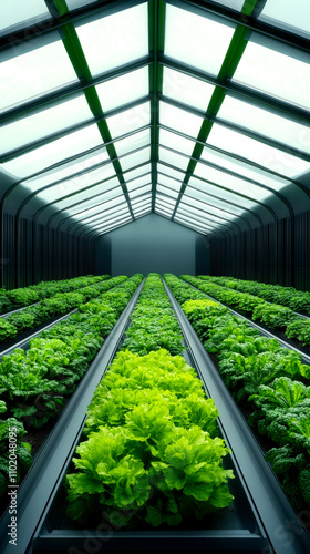 A vibrant greenhouse filled with lush green lettuce rows under a glass roof, showcasing healthy plant growth and agricultural innovation. photo