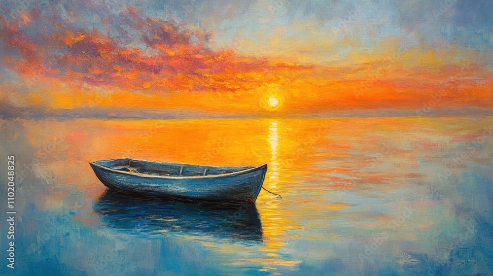 Vibrant sunset paints the horizon as a serene fishing boat floats, its reflection shimmering on the tranquil sea. Vibrant sunset paints the horizon as a serene fishing boat floats, its reflection shimmering on the tranquil sea.
