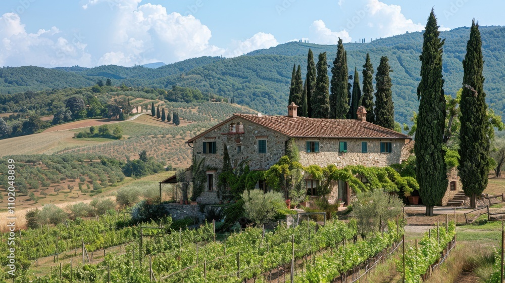 Naklejka premium A picturesque Tuscan villa surrounded by lush vineyards and rolling hills, perfect for illustrating rural charm, wine tourism