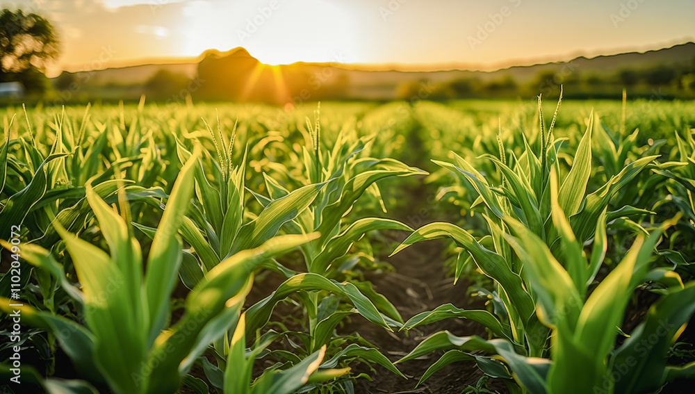 Obraz premium Sunset Over a Lush Cornfield