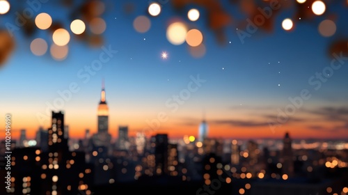 A beautiful artistic skyline view at twilight, accented with blurred lights and a striking bokeh effect, painted with contrasting colors over the cityscape.