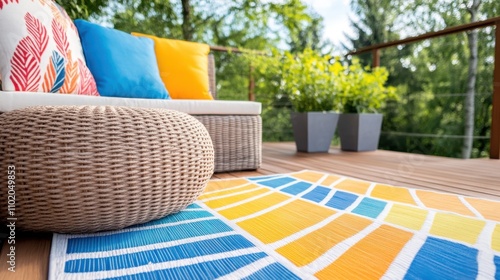 A cheerful, colorful deck scene featuring a woven ottoman, vibrant cushions, and a bright geometric-patterned rug set against a background of leafy green plants. photo