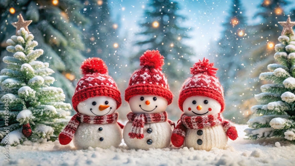 Snowy forest backdrop with adorable snowmen in red knit hats and scarves, twinkling snowflakes Snowy forest backdrop with adorable snowmen in red knit hats and scarves, twinkling snowflakes