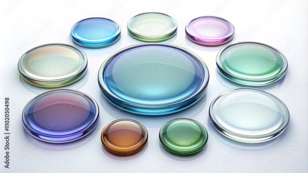 Glass buttons and glossy round shapes in rendering for design and technology concepts or web development projects, glass Glass buttons and glossy round shapes in rendering for design and technology concepts or web development projects, glass