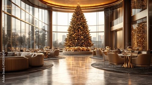 Wallpaper Mural A beautifully decorated restaurant features a large Christmas tree, elegant seating, and warm lighting, creating a festive and inviting atmosphere. Torontodigital.ca