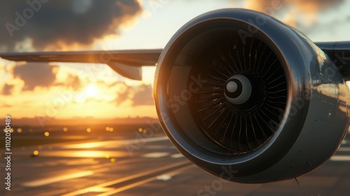 Passenger plane turbines taking off at sunset aviation photography closeup photo