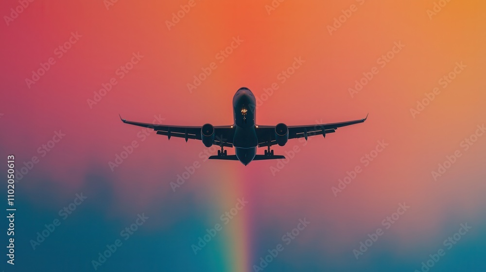 Aviation adventure plane ascending through rainbow colors Aviation adventure plane ascending through rainbow colors