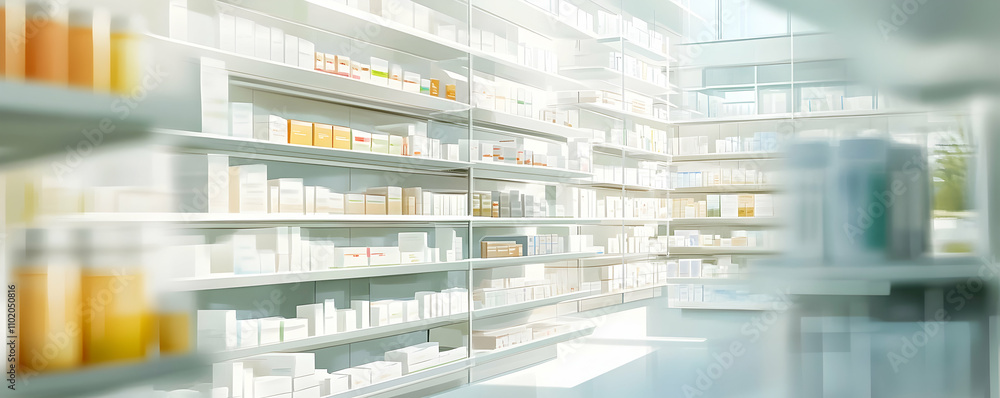 Bright pharmacy shelves with organized pastel medications in soft focus Bright pharmacy shelves with organized pastel medications in soft focus