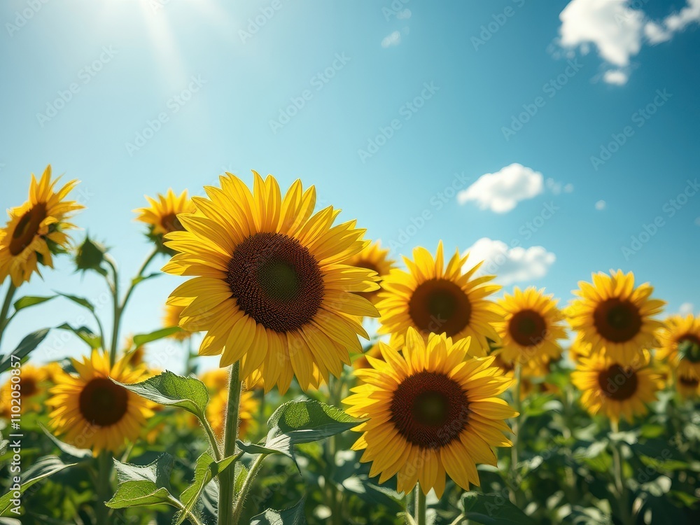 Fresh and vibrant yellow sunflowers blooming in a field under a clear blue sky, sunflowers, agriculture, petals, bright Fresh and vibrant yellow sunflowers blooming in a field under a clear blue sky, sunflowers, agriculture, petals, bright