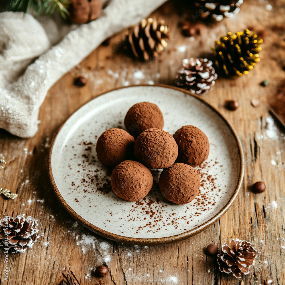Holiday truffles dusted with cocoa on a rustic plate surrounded by festive decorations Holiday truffles dusted with cocoa on a rustic plate surrounded by festive decorations