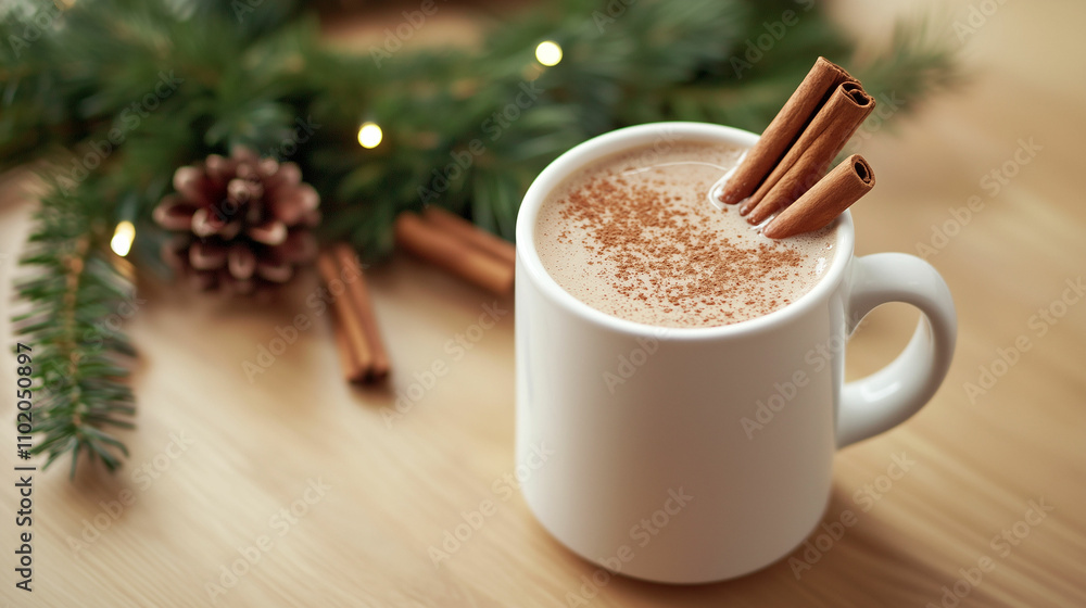 Warm holiday beverage with cinnamon sticks on a wooden table during winter festivities Warm holiday beverage with cinnamon sticks on a wooden table during winter festivities