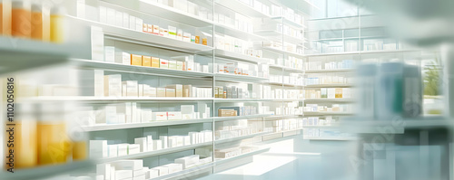 Bright pharmacy shelves with organized pastel medications in soft focus