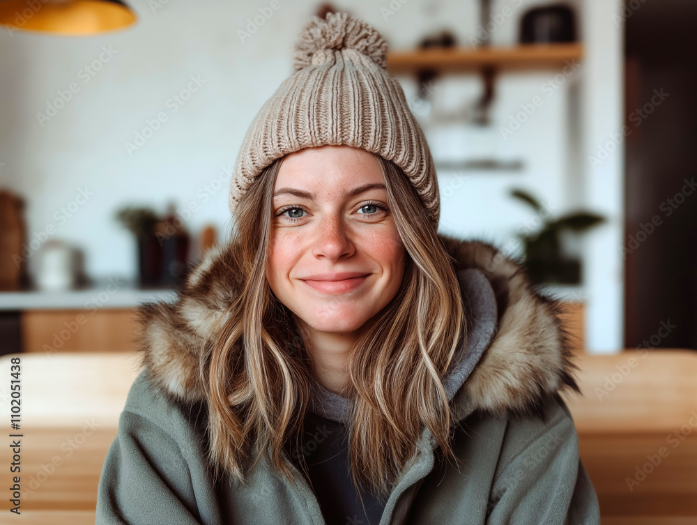 A cheerful and relaxed portrait of a young woman wearing a stylish knit beanie and cozy winter coat, sitting indoors with warm lighting.
A cheerful and relaxed portrait of a young woman wearing a stylish knit beanie and cozy winter coat, sitting indoors with warm lighting.