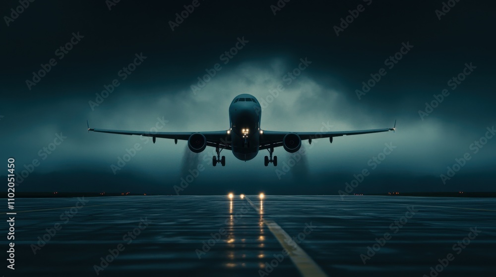 Nighttime aerial view of passenger plane taking off dramatic skies Nighttime aerial view of passenger plane taking off dramatic skies