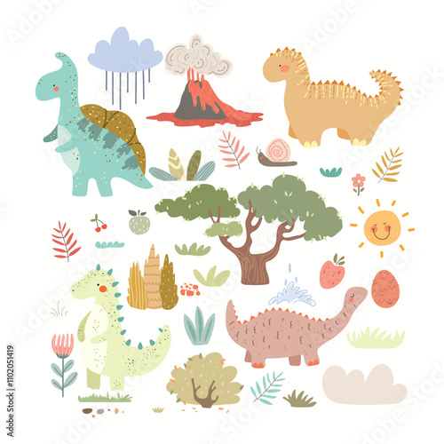 Set with  dino, plants, fruits, volcano, snails, rainbows,sun. Kids illustration, set with cute cartoon animals and nature. Vector illustration.

