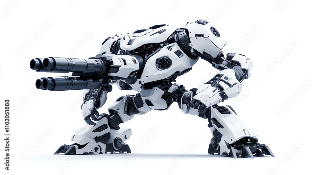 Futuristic robot with arm-mounted cannons, isolated on a white background. Futuristic robot with arm-mounted cannons, isolated on a white background.