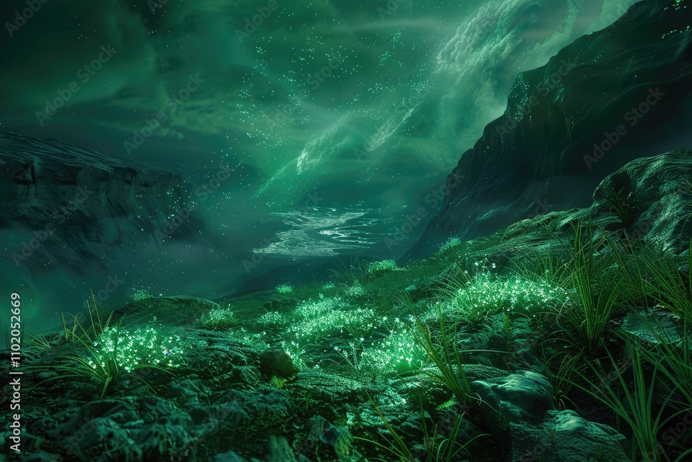 Obraz premium A Lush, Green, Ethereal Landscape Under a Starry Night Sky