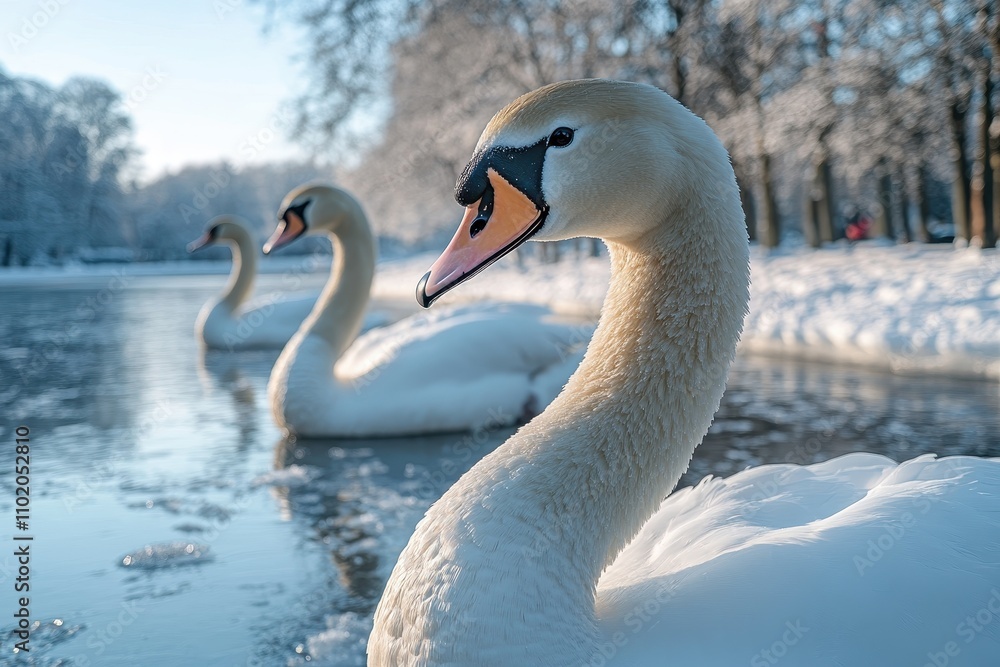 High-resolution photograph of swans gracefully resting on a frozen lake in winter. High-resolution photograph of swans gracefully resting on a frozen lake in winter.