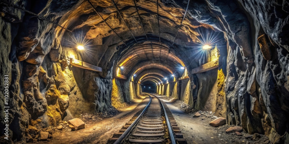 Naklejka premium Underground mine passage angle shot, mining, tunnels, underground, dark, industrial, depth