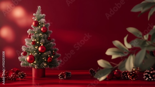 Festive Christmas Tree with Red Ornaments and Pine Cones on Table