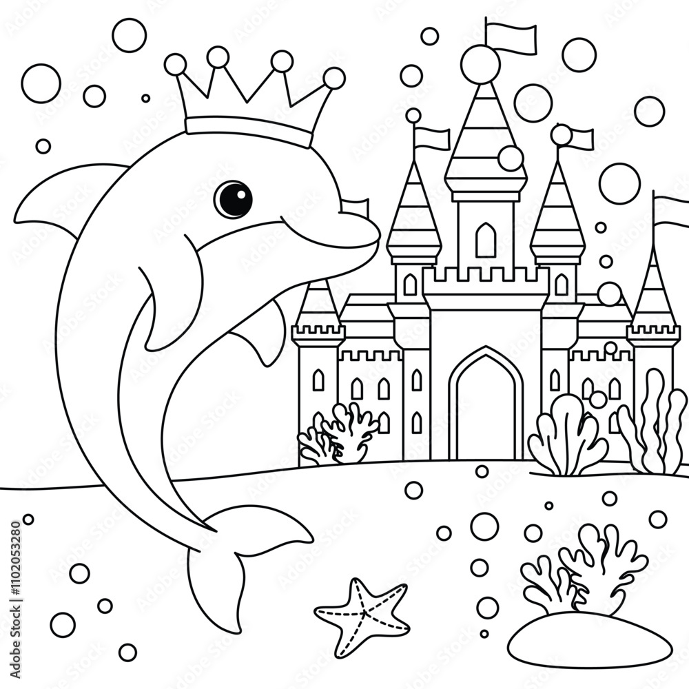 Dolphin and Castle Coloring Page. Funny animal illustration colouring