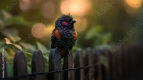 Spectacular Colorful Bird on a Wooden Fence at Sunset photo