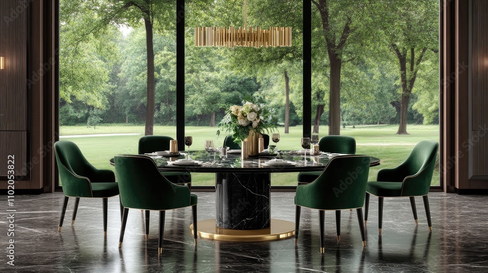 Fototapeta premium A contemporary dining space features a round table surrounded by green chairs, with large windows showcasing a stunning view of lush trees and mountains in the distance