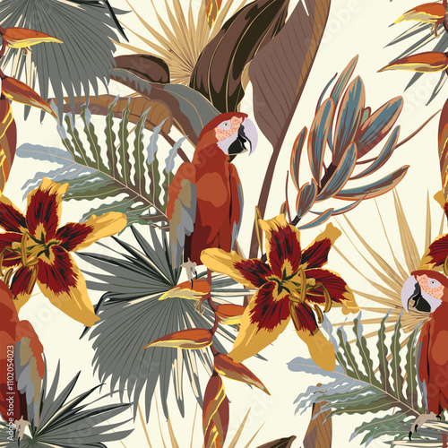 Beautiful vintage Floral pattern in the many kind of flowers, palm leaves and parrots. Tropical botanical Motifs scattered random. Seamless vector texture. Fashion prints. Printing.